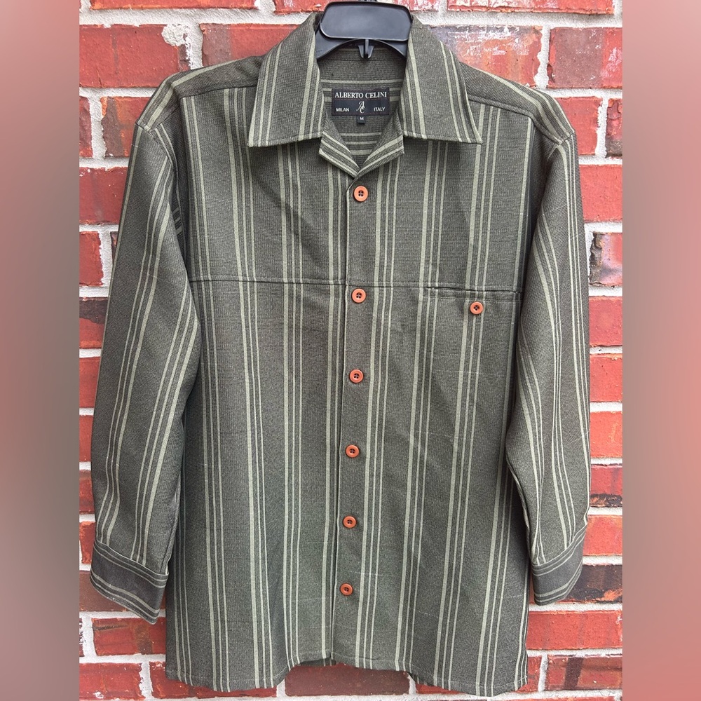 Alberto Celini Hand Tailored Green Striped Long Sleeve M Rayon/Poly Shirt C9